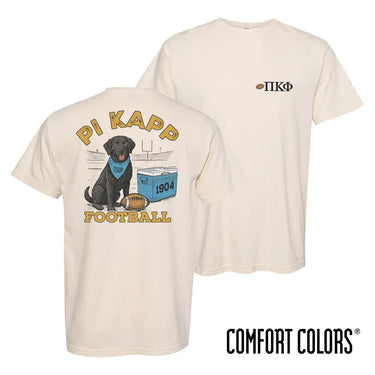 Pi Kapp fraternity t-shirt featuring a black lab in a football stadium