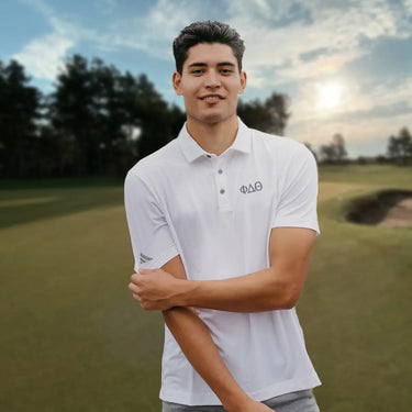 Phi Delt White Adidas Golf Polo With Greek Letters Phi Delta Theta
