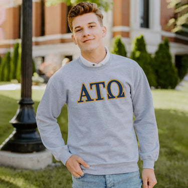 ATO Heather Grey Crewneck With Sewn On Letters Alpha Tau Omega