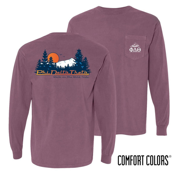 Phi Delt Comfort Colors Berry Retro Wilderness Long Sleeve Pocket Tee | Phi Delta Theta | Shirts > Long sleeve t-shirts