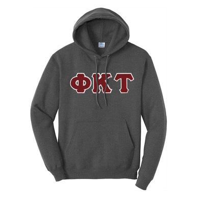 Phi Tau Dark Heather Hoodie with Sewn On Letters