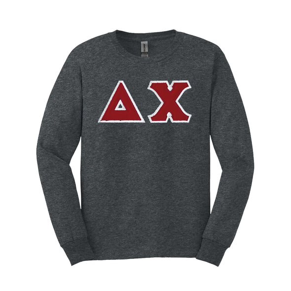 Delta Chi Dark Heather Long Sleeve Tee with Sewn On Letters