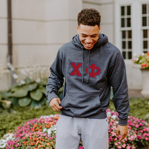 Chi Phi Dark Heather Hoodie with Sewn On Letters