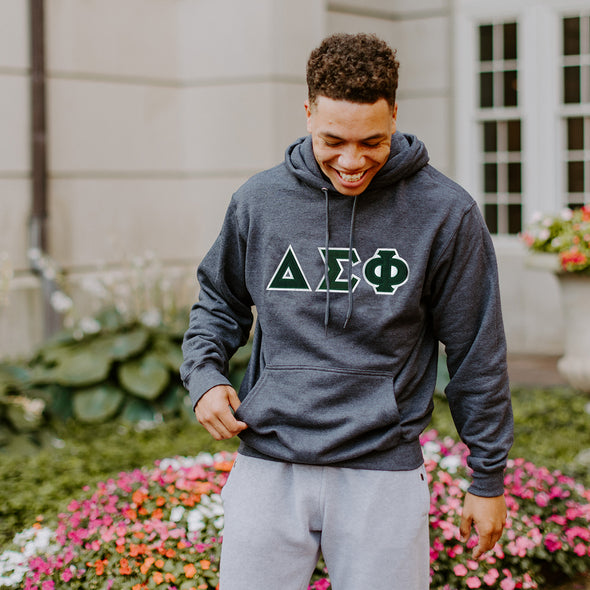 Delta Sig Dark Heather Hoodie with Sewn On Letters