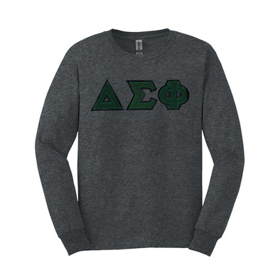 Delta Sig Dark Heather Long Sleeve Tee with Sewn On Letters