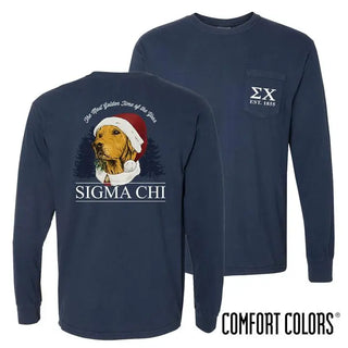 Fraternity Comfort Colors Navy Santa Retriever Long Sleeve Pocket Tee Campus Classics