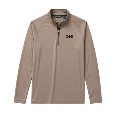Mushroom Cutter & Buck Adapt quarter-zip pullover with black embroidered Sigma Phi Epsilon Greek letters on the left chest.