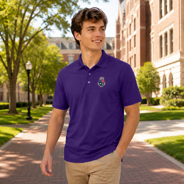 College student wearing fraternity polo embroidered with crest on left chest.