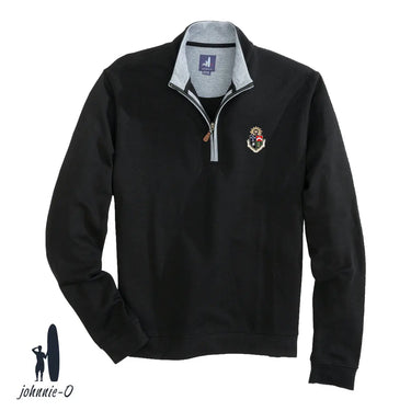 A black johnnie-O quarter-zip pullover with a gray collar and leather zipper pull, featuring an embroidered fraternity crest on the left chest. Displayed on a white background with the johnnie-O logo in the bottom corner.