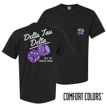 Comfort Colors High Roller Tee shown front and back, featuring a small dice graphic on the chest pocket and a large casino-inspired dice design on the back.