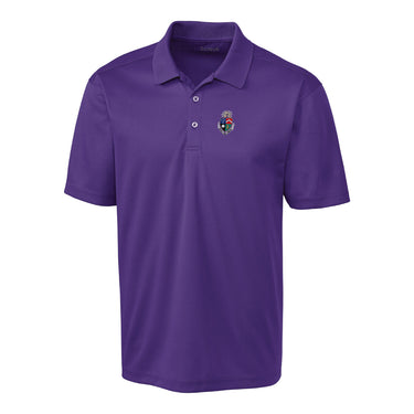 Fraternity polo with coat of arms embroidered on left chest.