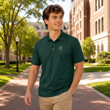 College student wearing fraternity polo embroidered with crest on left chest.