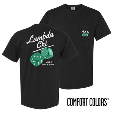 Comfort Colors High Roller Tee shown front and back, featuring a small dice graphic on the chest pocket and a large casino-inspired dice design on the back.