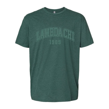 Dark green heather crew-neck tee with a subtle tonal arched ÒLAMBDA CHIÓ print on the chest
