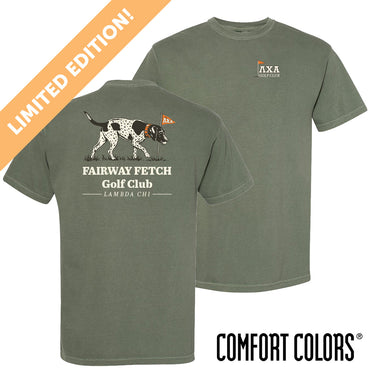 Front and back view of moss green Comfort Colors T-shirt featuring a vintage-inspired hunting dog mid-fetch, paired with a classic golf flag.