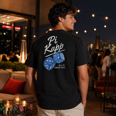 Comfort Colors High Roller Tee shown front and back, featuring a small dice graphic on the chest pocket and a large casino-inspired dice design on the back.