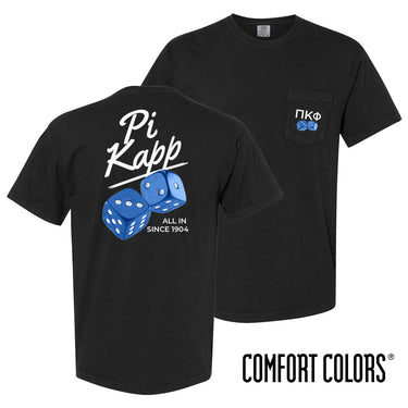 Comfort Colors High Roller Tee shown front and back, featuring a small dice graphic on the chest pocket and a large casino-inspired dice design on the back.