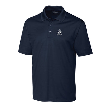 Fraternity polo with coat of arms embroidered on left chest.