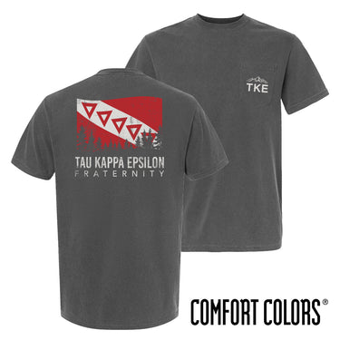 Fraternity grey short sleeve tee with colorful flag design on back and chest pocket log