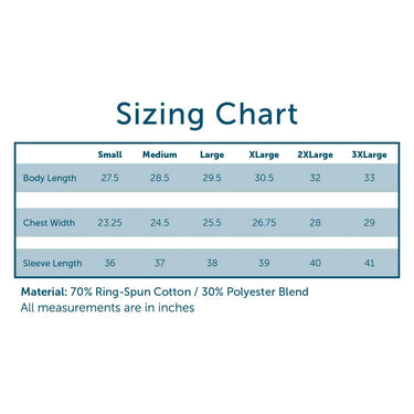Sizing chart for heavyweight hoodie, showing body length, chest width, and sleeve length in inches for sizes Small through 3XL.