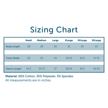 Sizing chart for the Embroidered Luxe Quarter Zip with body length, chest width, and sleeve length for sizes Small to 3XL. Material: 60% cotton, 35% polyester, 5% spandex.