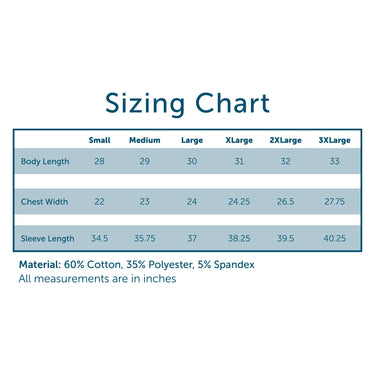 Sizing chart for the Embroidered Luxe Quarter Zip with body length, chest width, and sleeve length for sizes Small to 3XL. Material: 60% cotton, 35% polyester, 5% spandex.