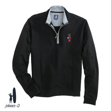 A black johnnie-O quarter-zip pullover with a gray collar and leather zipper pull, featuring an embroidered fraternity crest on the left chest. Displayed on a white background with the johnnie-O logo in the bottom corner.