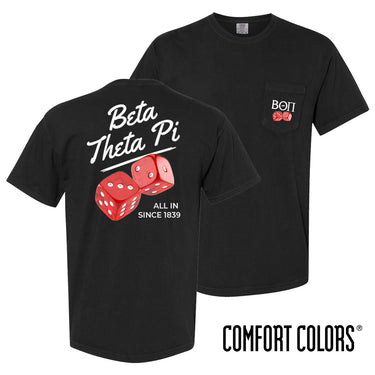 Comfort Colors High Roller Tee shown front and back, featuring a small dice graphic on the chest pocket and a large casino-inspired dice design on the back.
