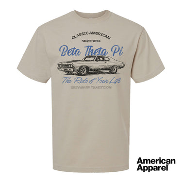 Beige T-shirt displayed on a plain background with a vintage-inspired graphic of a classic muscle car, mixed typography, and a soft red and black print design.