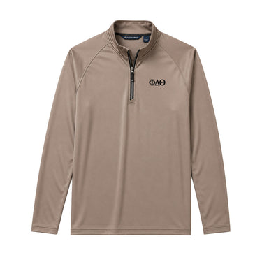 Mushroom Cutter & Buck Adapt quarter-zip pullover with black embroidered Phi Delta Theta Greek letters on the left chest.