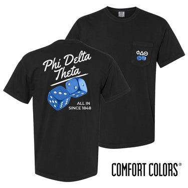 Light blue Comfort Colors t-shirt shown front and back; front features small Greek letters on the left chest, back displays a golden retriever sailing a boat with script text above and “Chasing Open Water” below.