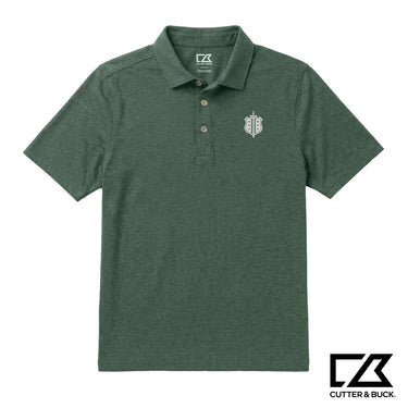 Green heathered Cutter & Buck polo with an embroidered crest on the chest.