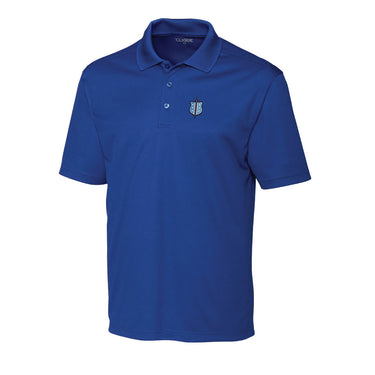 Fraternity polo with coat of arms embroidered on left chest.