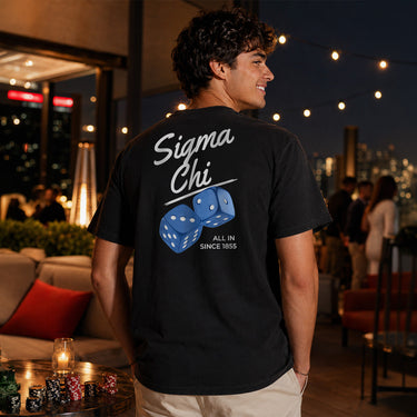 Comfort Colors High Roller Tee shown front and back, featuring a small dice graphic on the chest pocket and a large casino-inspired dice design on the back.