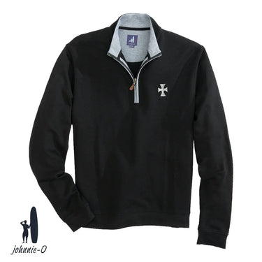 A black johnnie-O quarter-zip pullover with a gray collar and leather zipper pull, featuring an embroidered fraternity crest on the left chest. Displayed on a white background with the johnnie-O logo in the bottom corner.