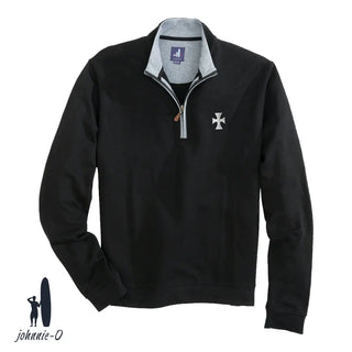 A black johnnie-O quarter-zip pullover with a gray collar and leather zipper pull, featuring an embroidered fraternity crest on the left chest. Displayed on a white background with the johnnie-O logo in the bottom corner.