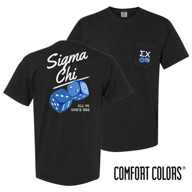 Comfort Colors High Roller Tee shown front and back, featuring a small dice graphic on the chest pocket and a large casino-inspired dice design on the back.