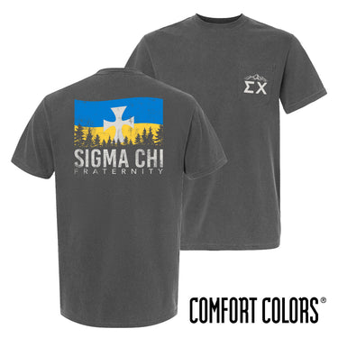 Fraternity grey short sleeve tee with colorful flag design on back and chest pocket log