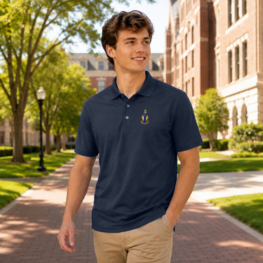 College student wearing fraternity polo embroidered with crest on left chest.