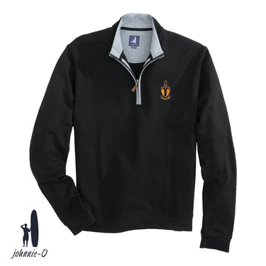 A black johnnie-O quarter-zip pullover with a gray collar and leather zipper pull, featuring an embroidered fraternity crest on the left chest. Displayed on a white background with the johnnie-O logo in the bottom corner.