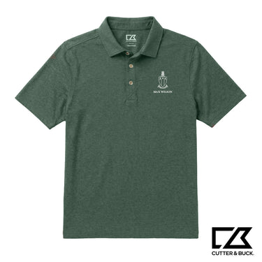 Green heathered Cutter & Buck polo featuring an embroidered crest and personalized name on the chest.