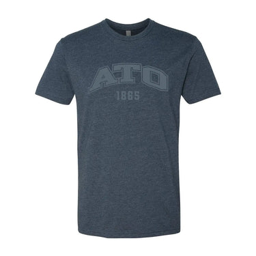 Dark navy heather crew-neck tee with a subtle tonal arched ÒATOÓ print on the chest