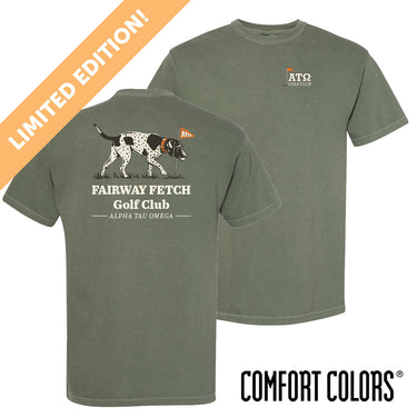 Front and back view of moss green Comfort Colors T-shirt featuring a vintage-inspired hunting dog mid-fetch, paired with a classic golf flag.