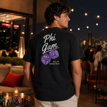 Comfort Colors High Roller Tee shown front and back, featuring a small dice graphic on the chest pocket and a large casino-inspired dice design on the back.