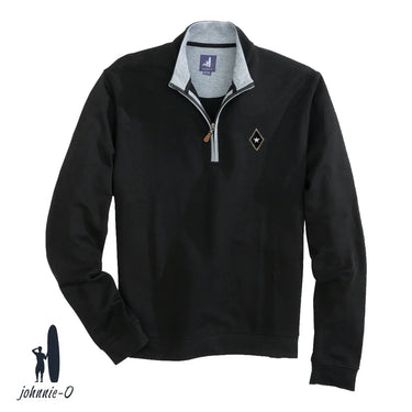 A black johnnie-O quarter-zip pullover with a gray collar and leather zipper pull, featuring an embroidered fraternity crest on the left chest. Displayed on a white background with the johnnie-O logo in the bottom corner.