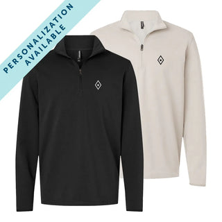 Two Phi Gamma Delta Embroidered Luxe Quarter Zips in black and smoke colors with crest embroidery on the left chest. Banner reads Personalization Available.