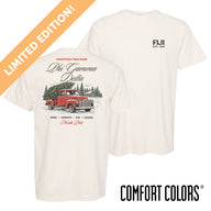 Limited edition Tree Farm Holiday Tee featuring a small fraternity chest design and vintage Christmas tree farm graphic on the back.