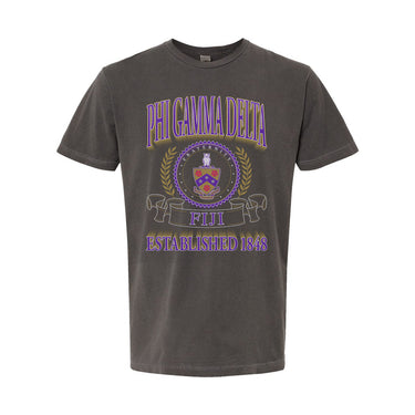 College-aged male wearing the fraternity Collegiate Crest Graphic Tee in charcoal grey, featuring vintage Phi Gamma Delta crest artwork on campus.