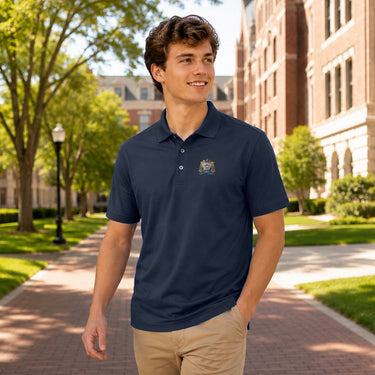 College student wearing fraternity polo embroidered with crest on left chest.