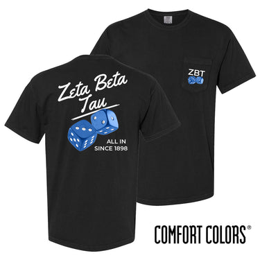 Comfort Colors High Roller Tee shown front and back, featuring a small dice graphic on the chest pocket and a large casino-inspired dice design on the back.